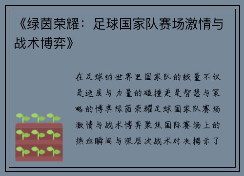 《绿茵荣耀：足球国家队赛场激情与战术博弈》