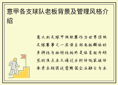 意甲各支球队老板背景及管理风格介绍