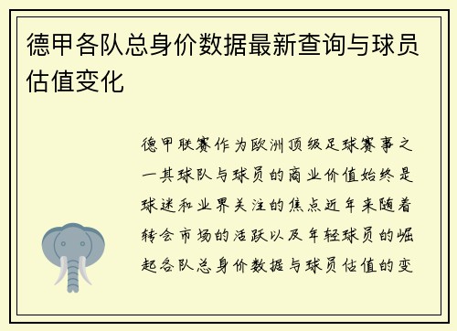德甲各队总身价数据最新查询与球员估值变化